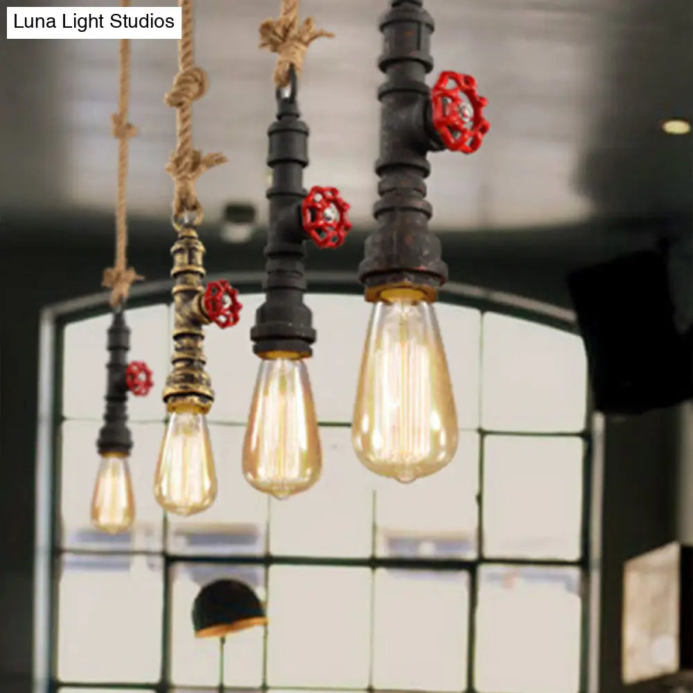 Black Country Piping Hanging Lamp: Single-Bulb Iron Pendant Light Fixture With Water Valve & Rope