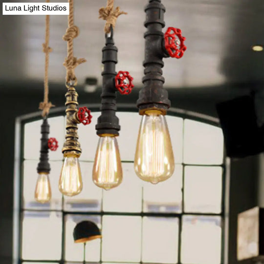 Black Country Piping Hanging Lamp: Single-Bulb Iron Pendant Light Fixture With Water Valve & Rope