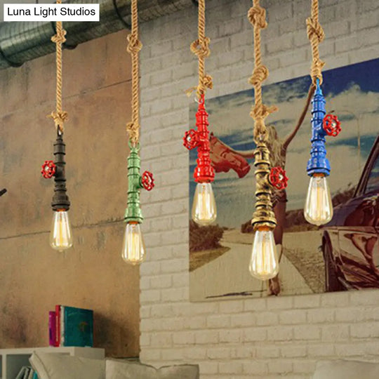 Black Country Piping Hanging Lamp: Single-Bulb Iron Pendant Light Fixture With Water Valve & Rope