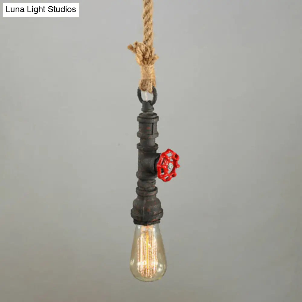 Black Country Piping Hanging Lamp: Single-Bulb Iron Pendant Light Fixture With Water Valve & Rope