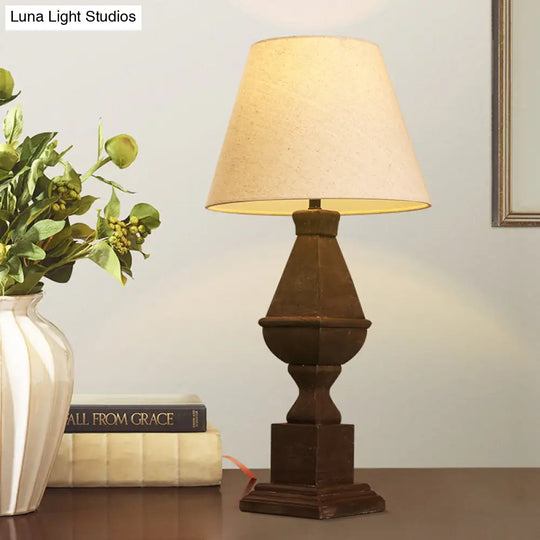 Rustic Countryside Night Light: Brown Conic Fabric 1-Bulb Table Lamp With Resin Base