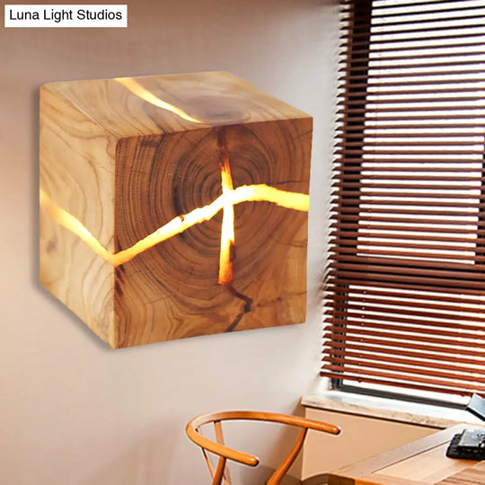 Rustic Cracked Cube Wall Light Wood Sconce For Kids Bedroom And Nursing Room