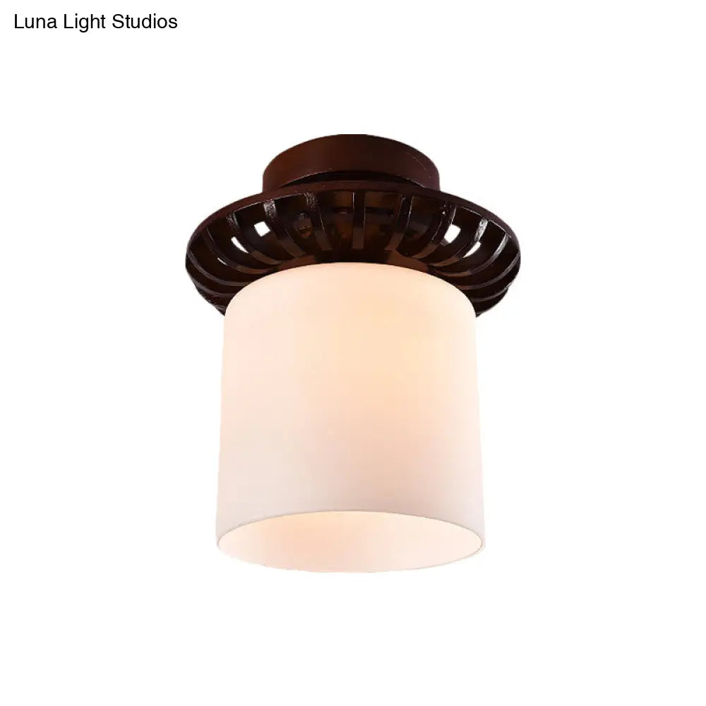 Rustic Cream Glass Flush Mount Ceiling Light With Wood Frame - Brown Globe/Square Design