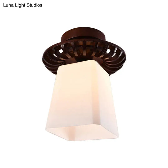 Rustic Cream Glass Flush Mount Ceiling Light With Wood Frame - Brown Globe/Square Design