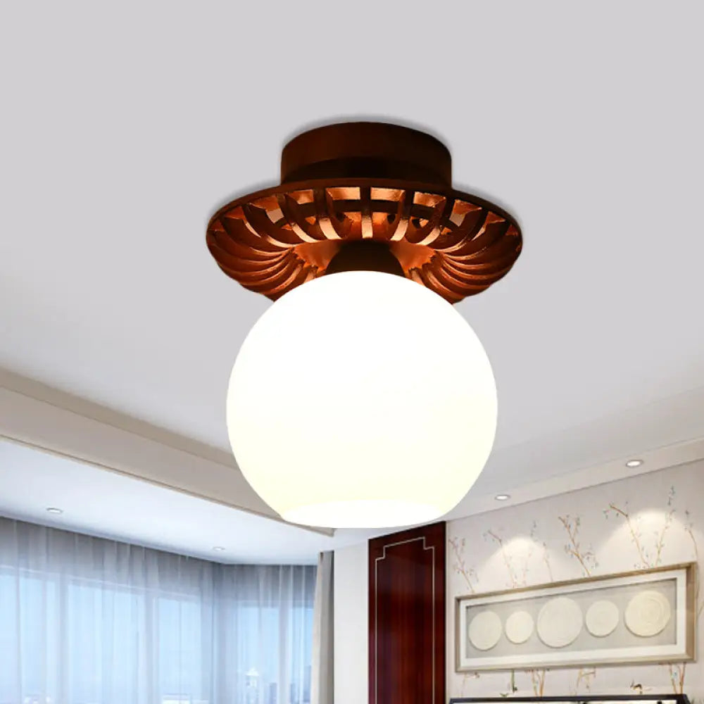 Rustic Cream Glass Flush Mount Ceiling Light With Wood Frame - Brown Globe/Square Design / Globe