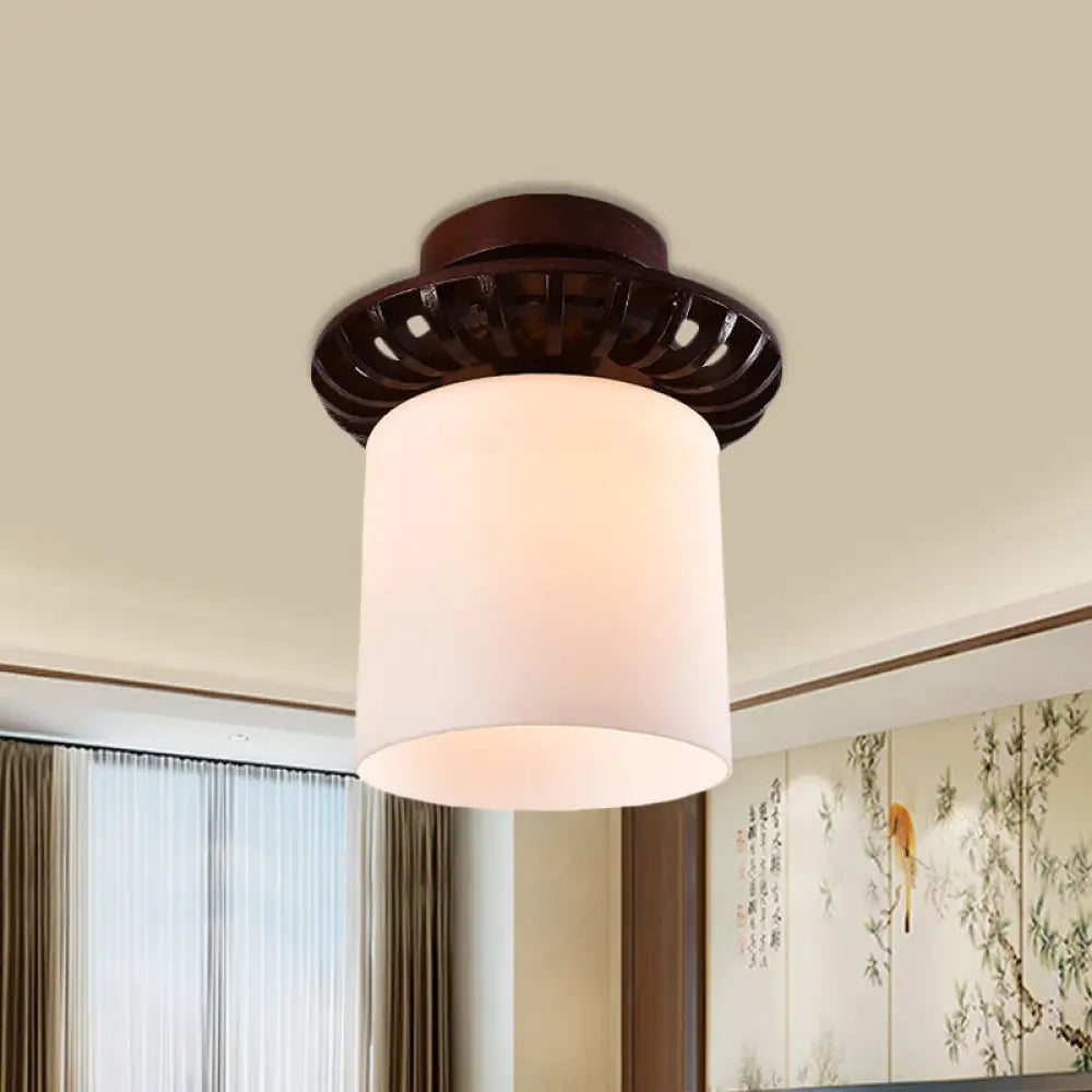 Rustic Cream Glass Flush Mount Ceiling Light With Wood Frame - Brown Globe/Square Design / Cylinder