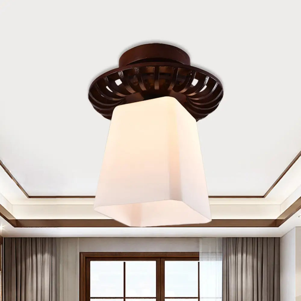 Rustic Cream Glass Flush Mount Ceiling Light With Wood Frame - Brown Globe/Square Design / Square