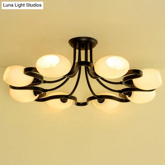 Rustic Cream Glass Semi - Flush Mount Chandelier - Stylish Black Lighting For Living Room