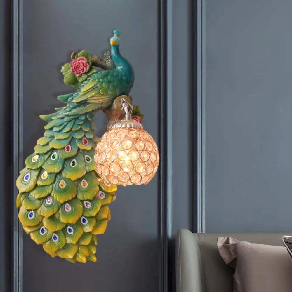 Rustic Crystal Ball Sconce: Peacock & Rose Decor Single Bulb Wall Mounted Light In White/Blue/Green