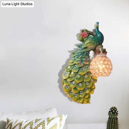 Rustic Crystal Ball Sconce: Peacock & Rose Decor Single Bulb Wall Mounted Light In White/Blue/Green