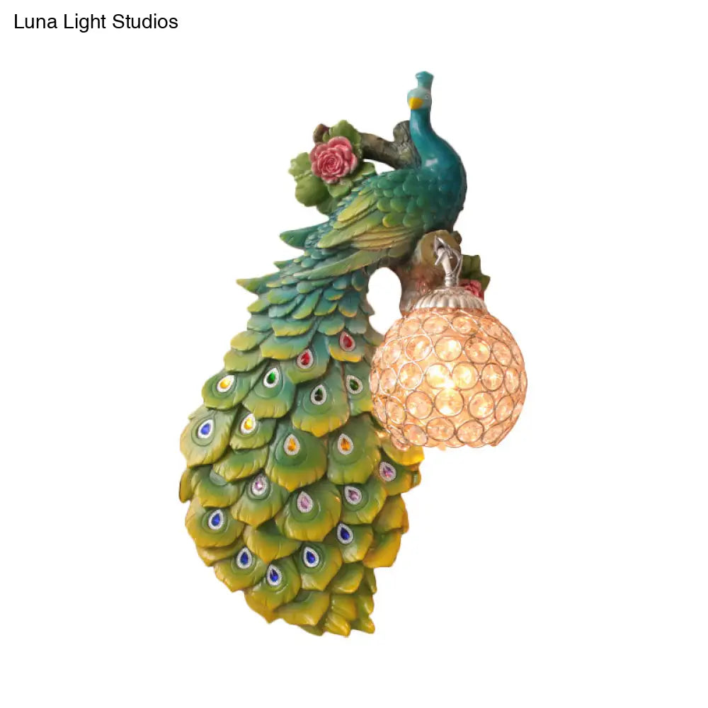 Rustic Crystal Ball Sconce: Peacock & Rose Decor Single Bulb Wall Mounted Light In White/Blue/Green