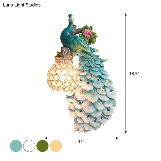 Rustic Crystal Ball Sconce: Peacock & Rose Decor Single Bulb Wall Mounted Light In White/Blue/Green