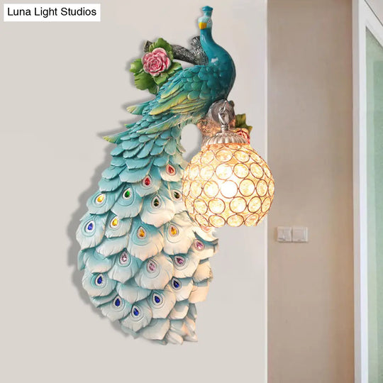 Rustic Crystal Ball Sconce: Peacock & Rose Decor Single Bulb Wall Mounted Light In White/Blue/Green