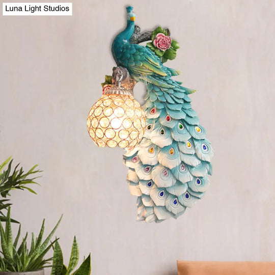 Rustic Crystal Ball Sconce: Peacock & Rose Decor Single Bulb Wall Mounted Light In White/Blue/Green