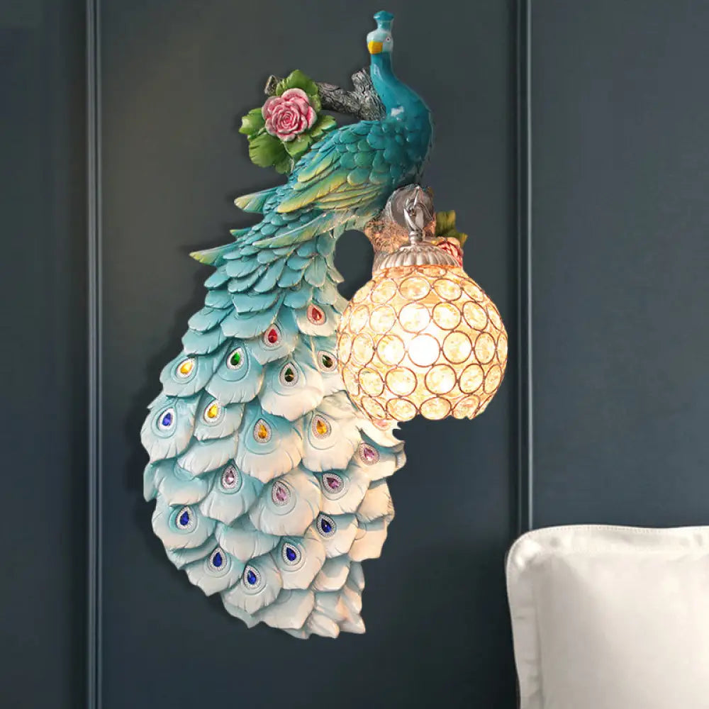 Rustic Crystal Ball Sconce: Peacock & Rose Decor Single Bulb Wall Mounted Light In White/Blue/Green