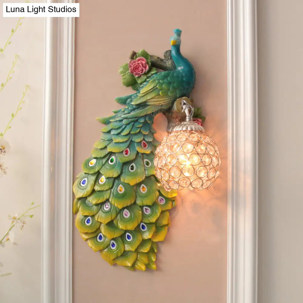 Rustic Crystal Ball Sconce: Peacock & Rose Decor Single Bulb Wall Mounted Light In White/Blue/Green