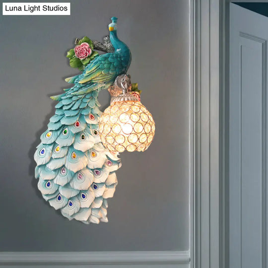 Rustic Crystal Ball Sconce: Peacock & Rose Decor Single Bulb Wall Mounted Light In White/Blue/Green