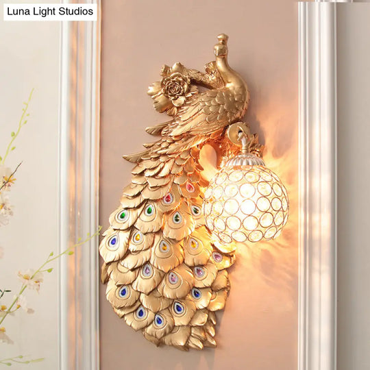 Rustic Crystal Ball Sconce: Peacock & Rose Decor Single Bulb Wall Mounted Light In White/Blue/Green