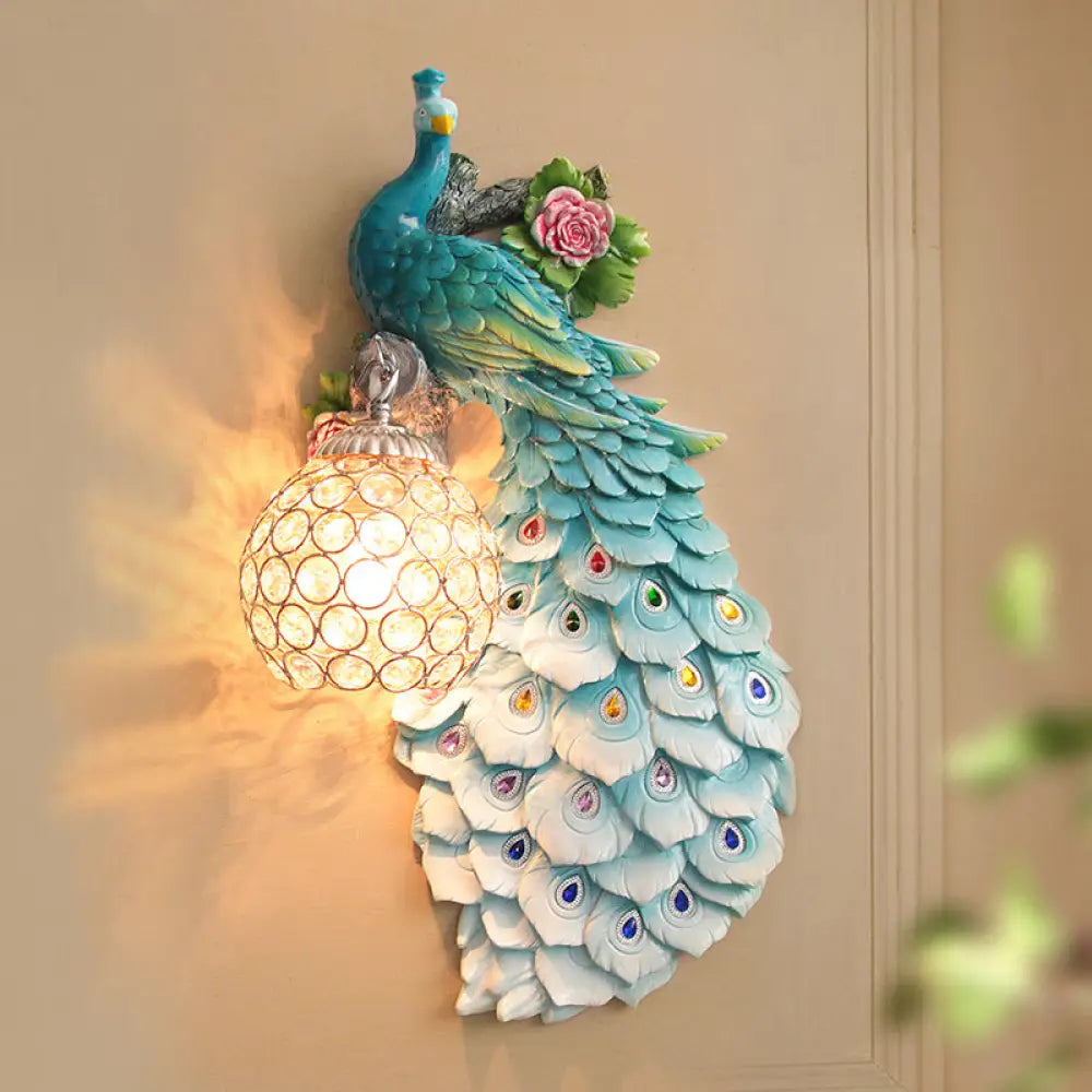 Rustic Crystal Ball Sconce: Peacock & Rose Decor Single Bulb Wall Mounted Light In White/Blue/Green