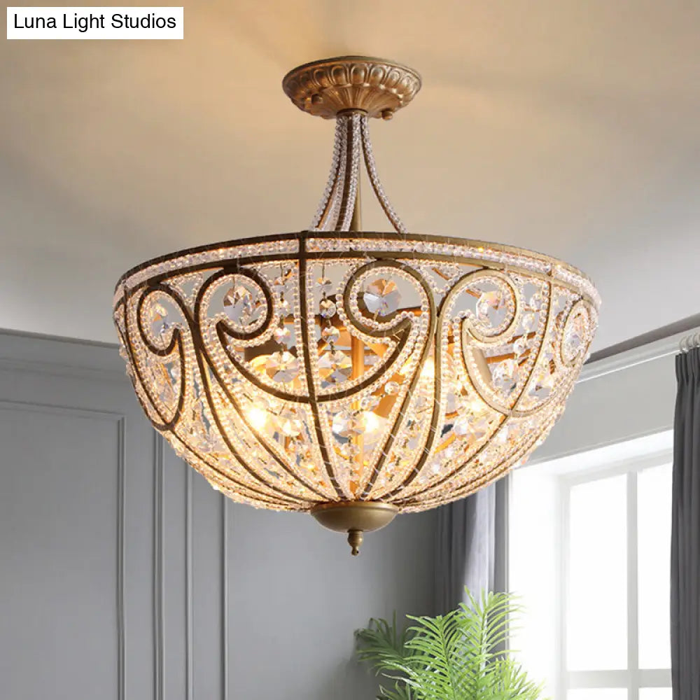 Rustic Crystal Bead Ceiling Lamp - Antiqued Gold Hemisphere 5 Lights Ideal For Dining Room /