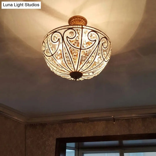 Rustic Crystal Bead Ceiling Lamp - Antiqued Gold Hemisphere 5 Lights Ideal For Dining Room