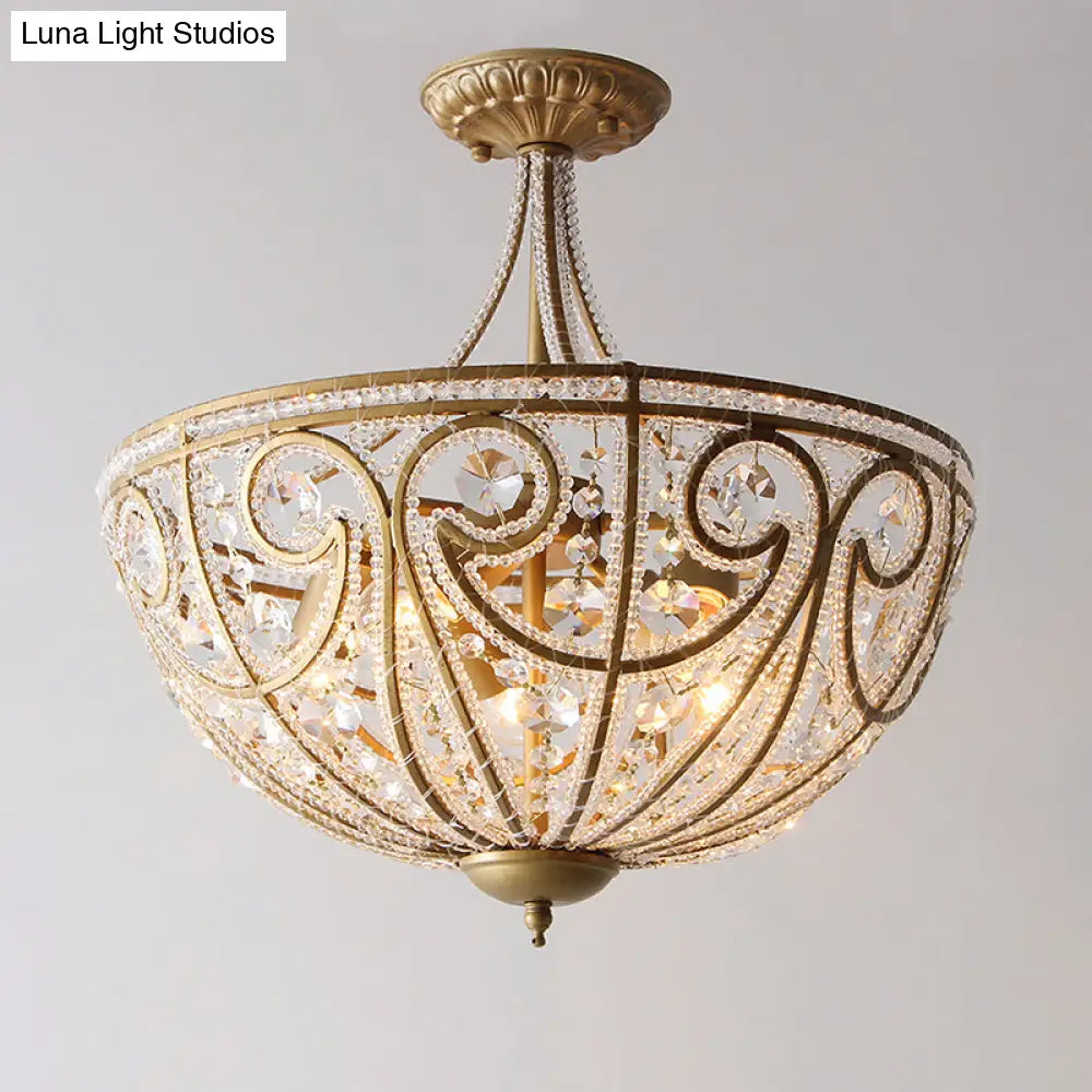 Rustic Crystal Bead Ceiling Lamp - Antiqued Gold Hemisphere 5 Lights Ideal For Dining Room