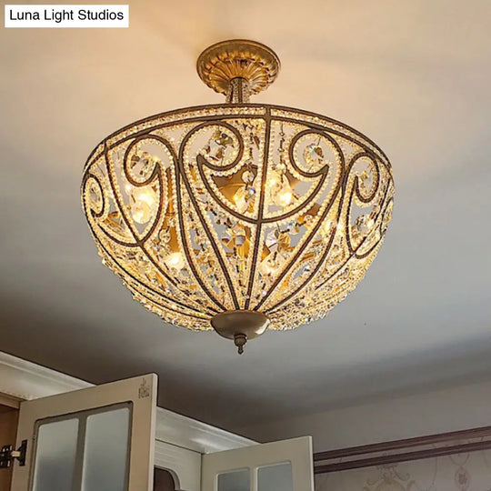 Rustic Crystal Bead Ceiling Lamp - Antiqued Gold Hemisphere 5 Lights Ideal For Dining Room