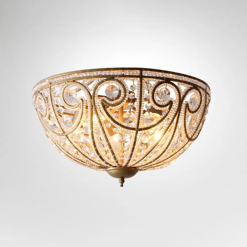Rustic Crystal Bead Ceiling Lamp - Antiqued Gold Hemisphere 5 Lights Ideal For Dining Room /