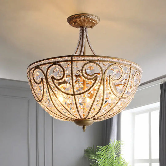 Rustic Crystal Bead Ceiling Lamp - Antiqued Gold Hemisphere 5 Lights Ideal For Dining Room / Semi -