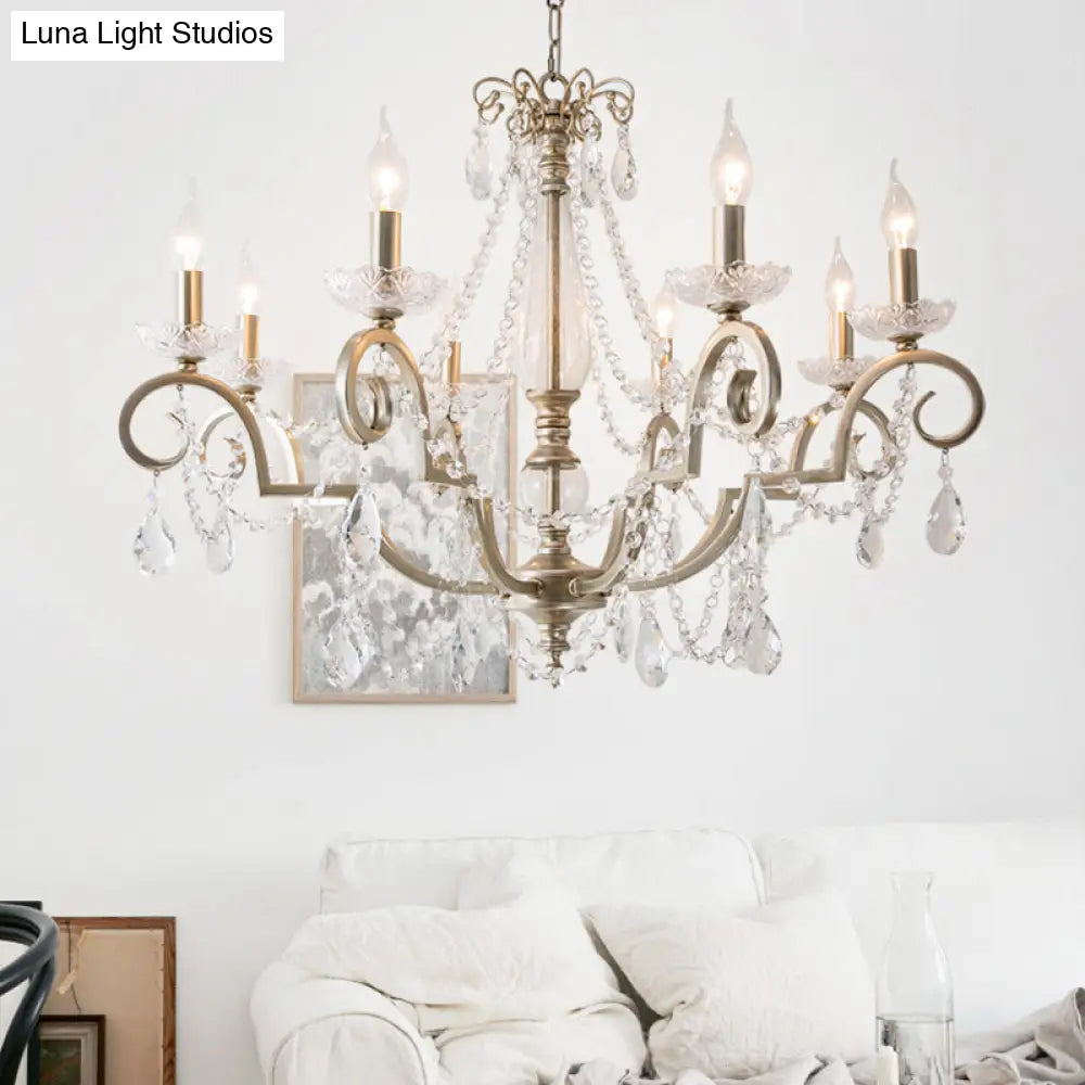 Rustic Crystal Candle Chandelier: Aged Silver Living Room Light With Swirled Arm