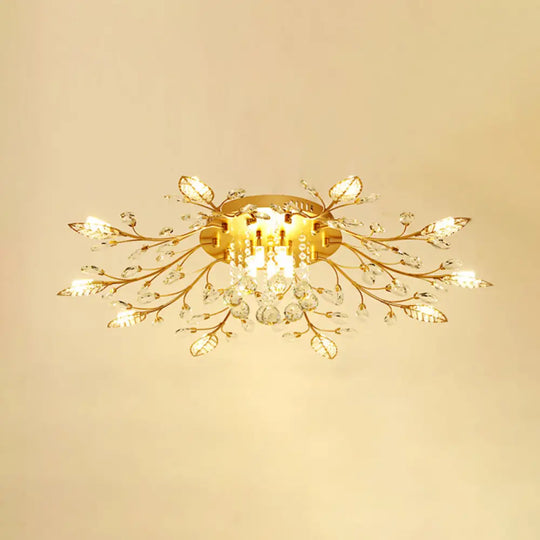 Rustic Crystal Led Ceiling Light Fixture For Hallway - Gold Branches Flush Mount Lamp 10 /