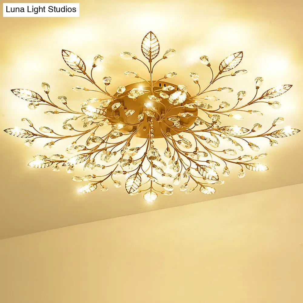 Rustic Crystal Led Ceiling Light Fixture For Hallway - Gold Branches Flush Mount Lamp 18 /