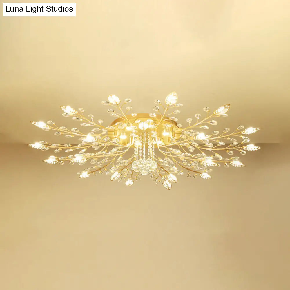 Rustic Crystal Led Ceiling Light Fixture For Hallway - Gold Branches Flush Mount Lamp 27 /