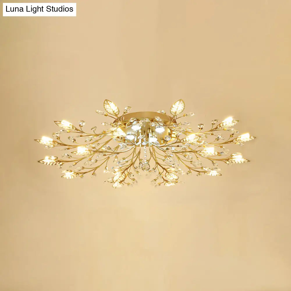 Rustic Crystal Led Ceiling Light Fixture For Hallway - Gold Branches Flush Mount Lamp