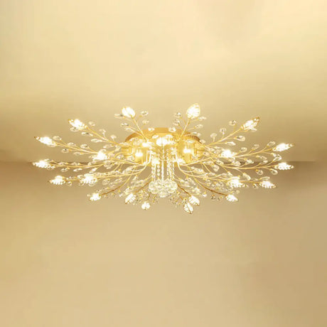 Rustic Crystal Led Ceiling Light Fixture For Hallway - Gold Branches Flush Mount Lamp 27 /