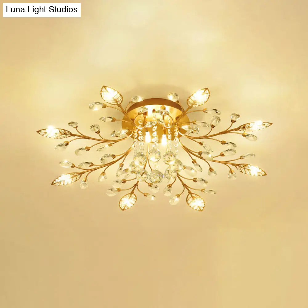 Rustic Crystal Led Ceiling Light Fixture For Hallway - Gold Branches Flush Mount Lamp 8 /