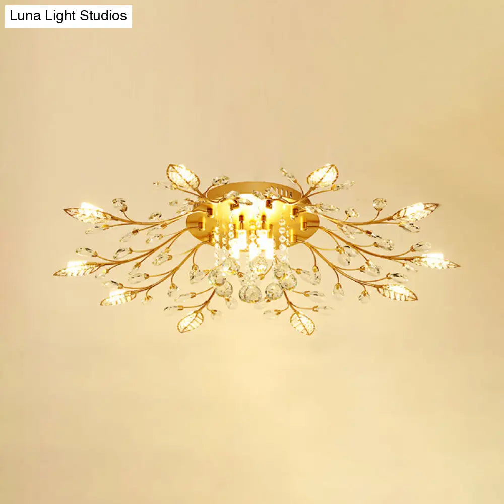 Rustic Crystal Led Ceiling Light Fixture For Hallway - Gold Branches Flush Mount Lamp 10 /