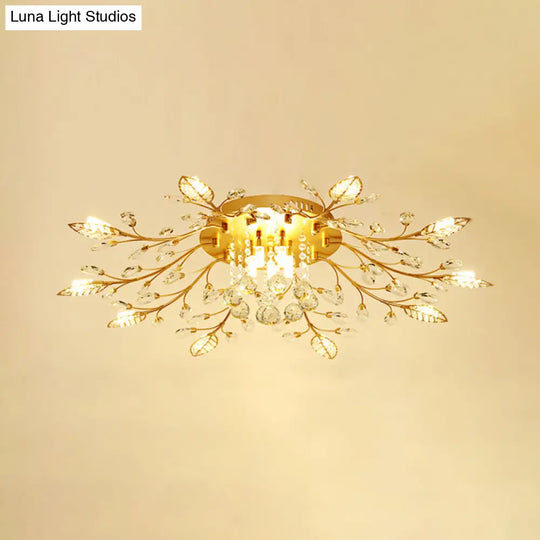 Rustic Crystal Led Ceiling Light Fixture For Hallway - Gold Branches Flush Mount Lamp 10 /