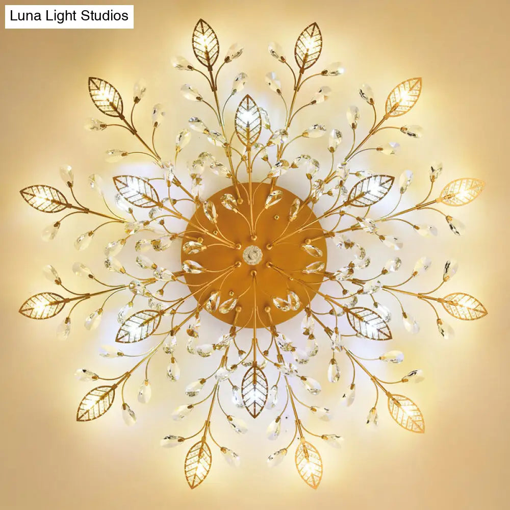 Rustic Crystal Led Ceiling Light Fixture For Hallway - Gold Branches Flush Mount Lamp