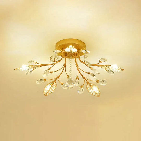 Rustic Crystal Led Ceiling Light Fixture For Hallway - Gold Branches Flush Mount Lamp 5 /