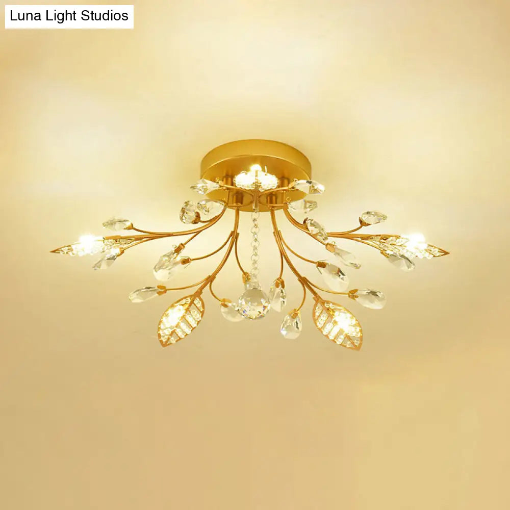 Rustic Crystal Led Ceiling Light Fixture For Hallway - Gold Branches Flush Mount Lamp 5 /