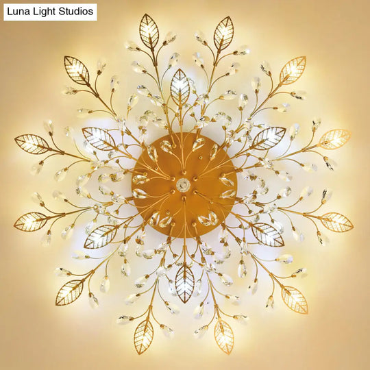 Rustic Crystal Led Ceiling Light Fixture For Hallway - Gold Branches Flush Mount Lamp