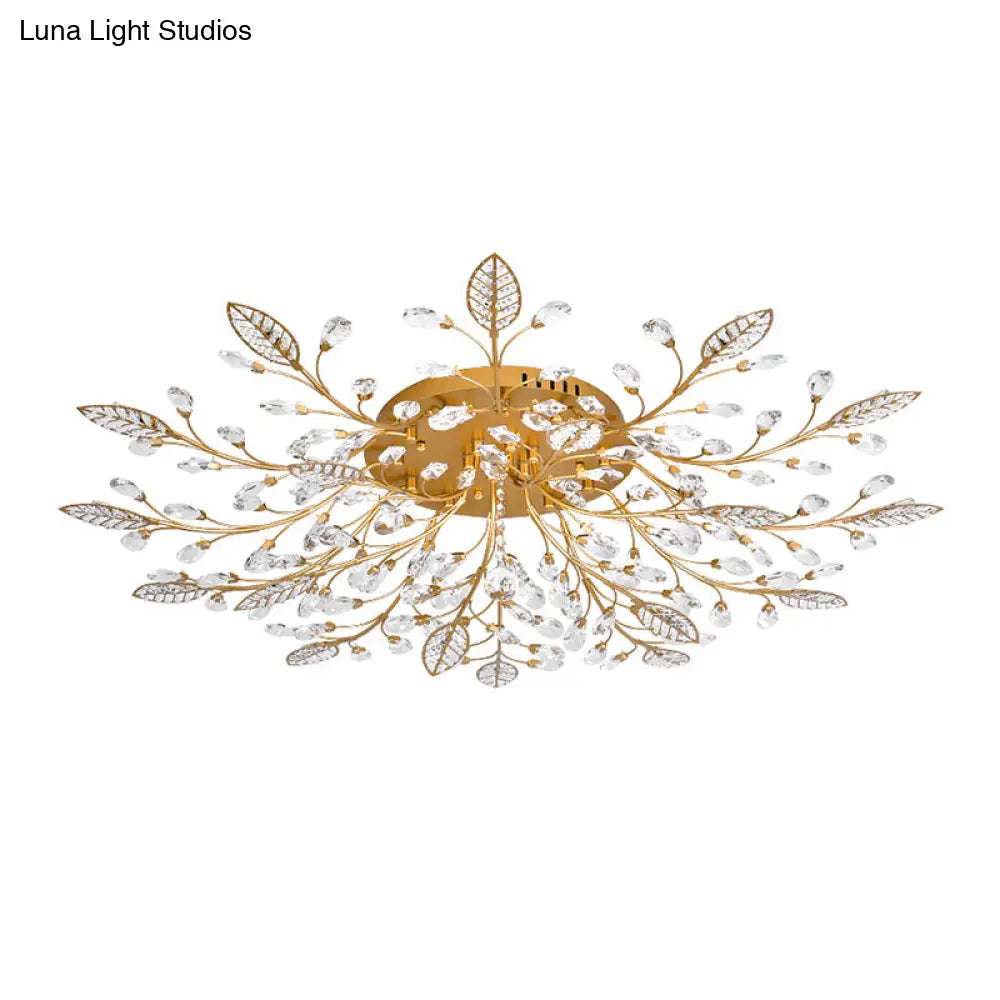 Rustic Crystal Led Ceiling Light Fixture For Hallway - Gold Branches Flush Mount Lamp