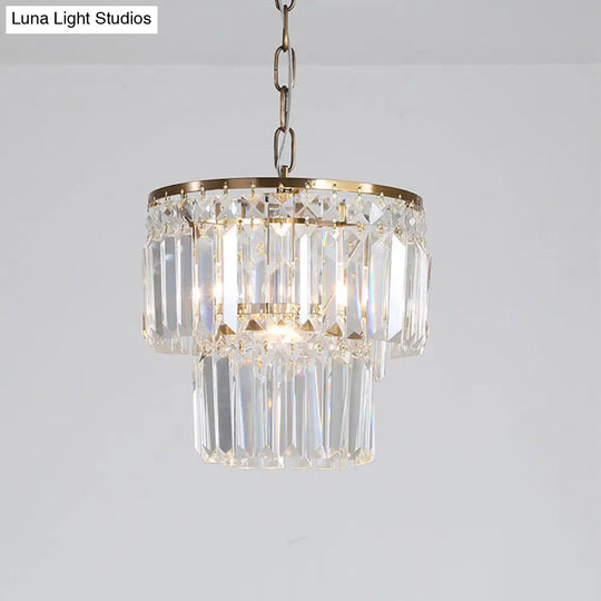 2-Layered Round Crystal Block Pendant Light With Gold Finish - Countryside Dining Room Ceiling