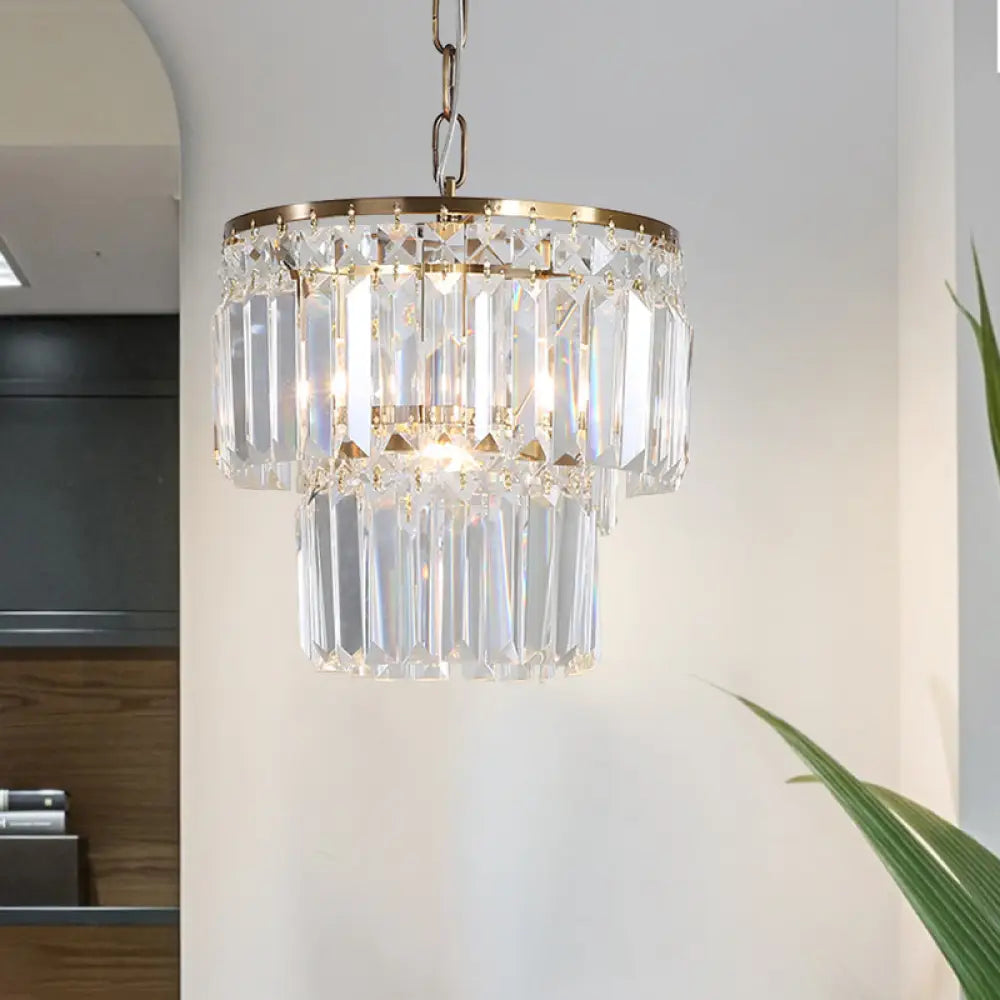 Rustic Crystal Pendant Light With 2 Layers And 1 Gold Head – Perfect For Dining Rooms’.