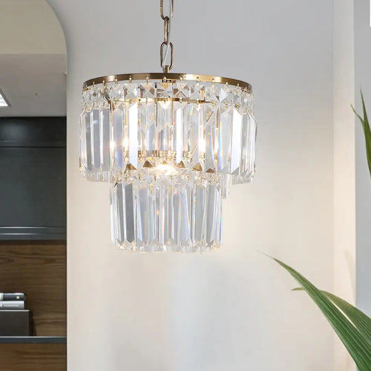 Rustic Crystal Pendant Light With 2 Layers And 1 Gold Head – Perfect For Dining Rooms’.