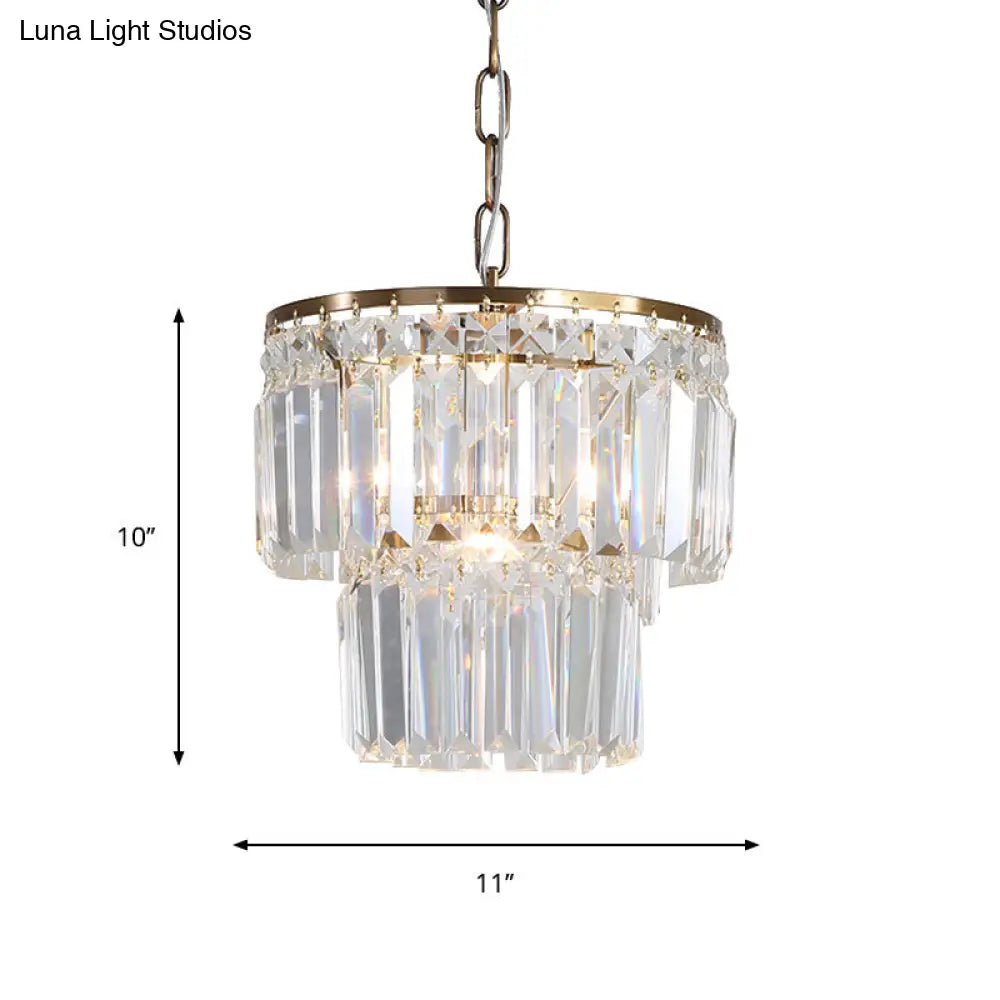 2-Layered Round Crystal Block Pendant Light With Gold Finish - Countryside Dining Room Ceiling