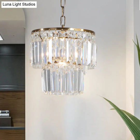 2-Layered Round Crystal Block Pendant Light With Gold Finish - Countryside Dining Room Ceiling