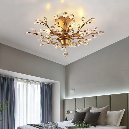 Rustic Crystal Semi-Flush Mount Bedroom Ceiling Light With Entwining Branch Design 4 / Brass