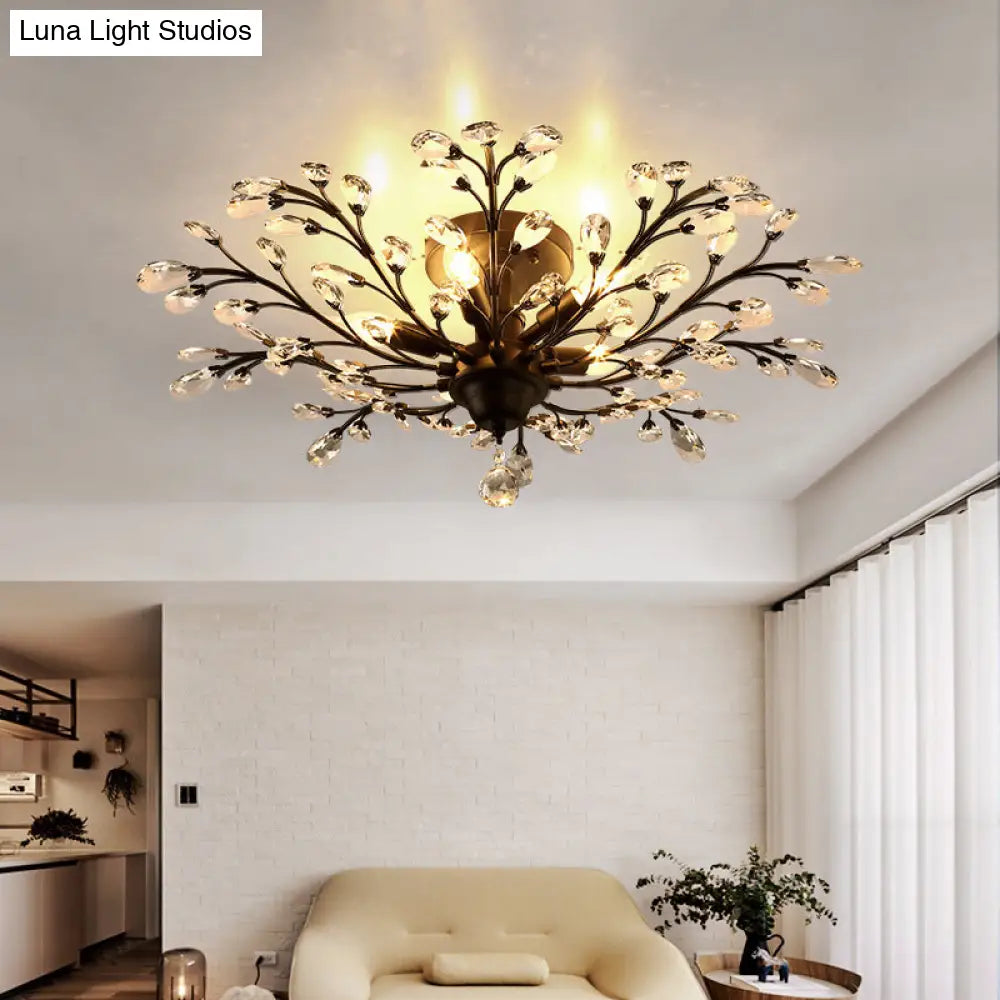 Rustic Crystal Semi-Flush Mount Bedroom Ceiling Light With Entwining Branch Design